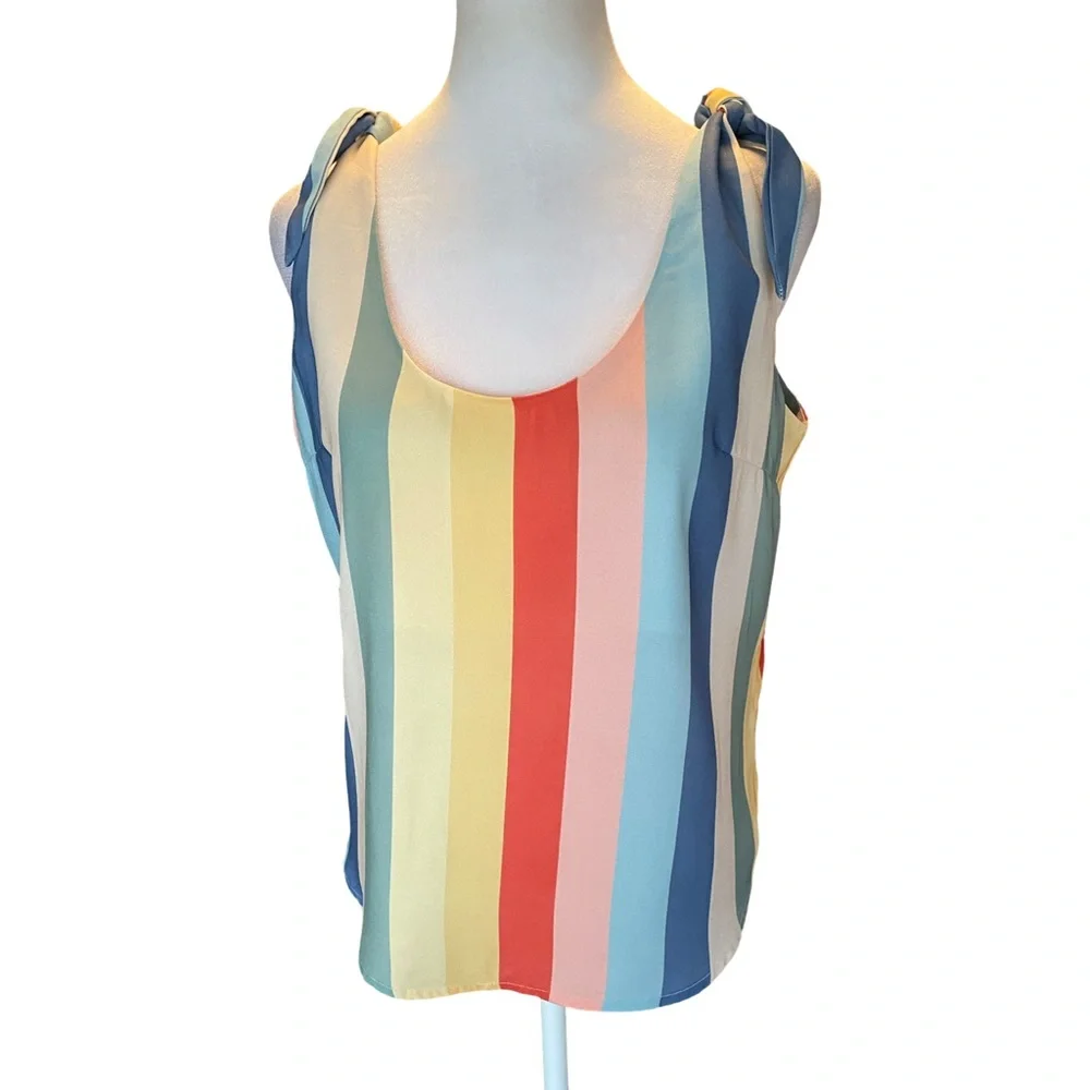 Aemi + Co Gracie Tank Top Tank Rainbow Stripe Tie Shoulder Women’s Large - Picture 3 of 12
